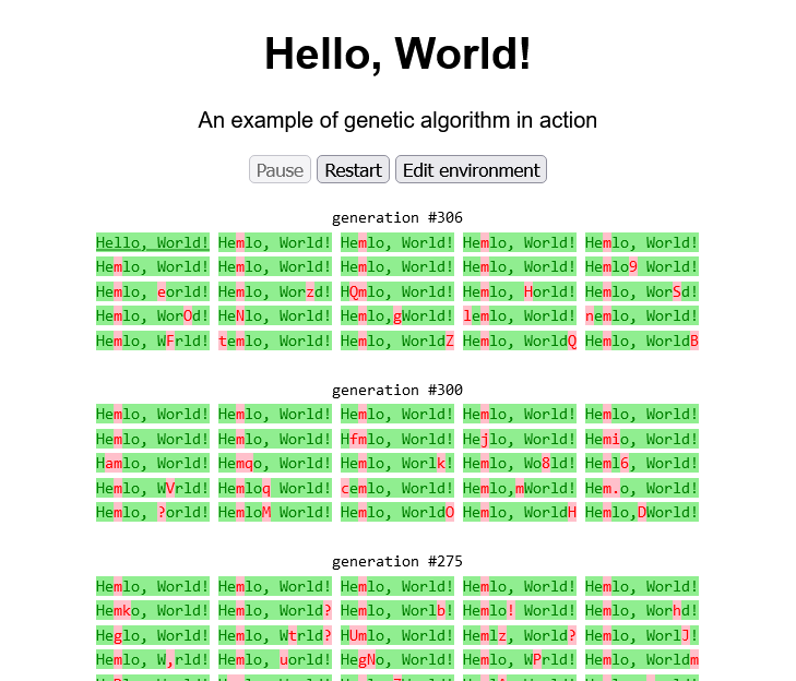 Tulisan 'Hello, World!' sebagai hasil dari evolusi banyak generasi